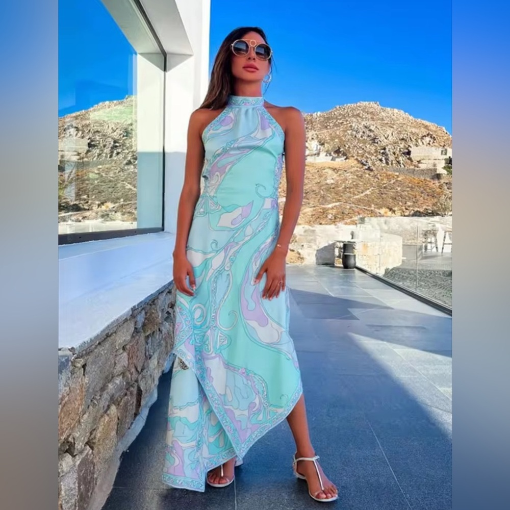 Elegant Aqua Halter Dress - Pucci vibes